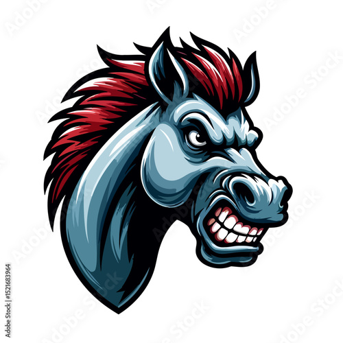 Aggressive Mustang Horse Head: Fierce Equine Portrait, Vector Illustration