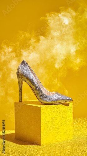 Sparkling High Heel on a Yellow Pedestal Creates a Vibrant Fashion Statement ...