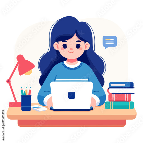 Girl Working on Laptop at Desk, Studying, Education, Technology, Online Learning