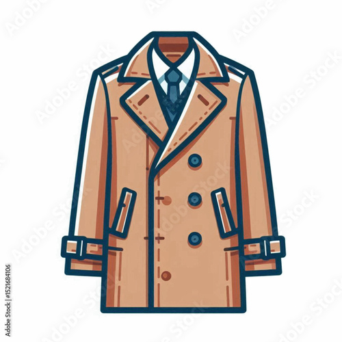 A tan trench coat with a blue trim  blue tie