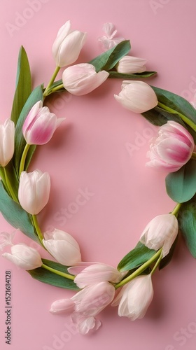Beautiful Pink Tulips Arranged on a Soft Pink Background for Decoration or Ce...