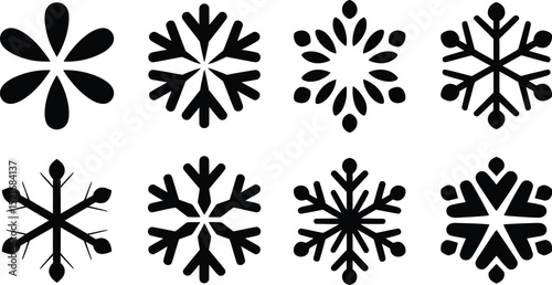 A collection of eight different snowflake designs in black on a white background in a symmetrical pattern