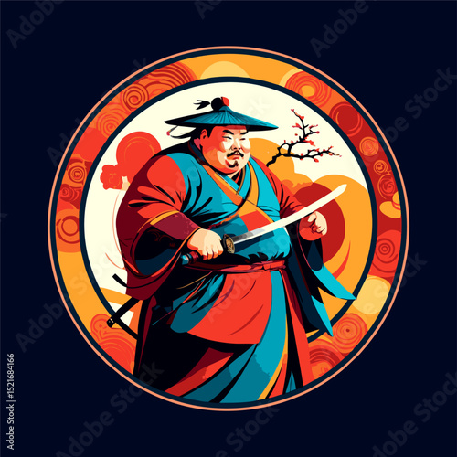 creative colorful illustration of fat Chinese swordsman