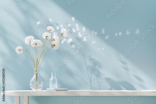 Still life featuring dandelions in a vase on a shelf, with light and shadows on a blue wall.