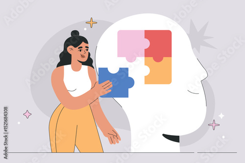 Happy woman arranging jigsaw puzzle in human head, mindfulness and mental health care concept, solving psychological problems. Graphic design, trendy flat vector illustration, isolated background