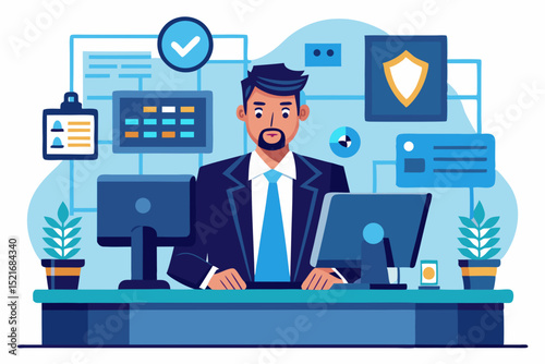 Businessman at a Computer Desk in a Secure Office Environment man business suit sits desk working computer Surrounding him are various digital elements suggesting secure