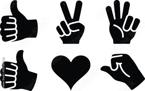 Illustration of various black hand gestures including thumbs up peace sign and heart on white background