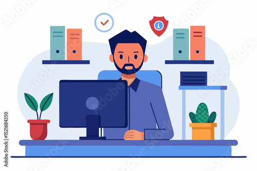 Man Working at a Computer in an Office Setting man sits desk working computer simple office setting with files and plants man office worker computer