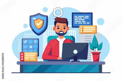 Man Working on Computer with Security and Code man red shirt sits desk working computer code elements are present man computer work office security code