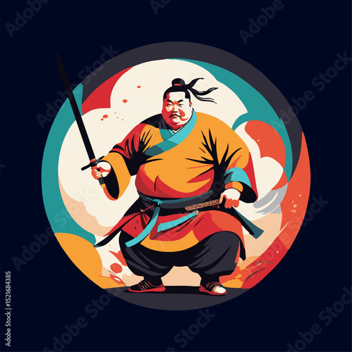 creative colorful illustration of fat Chinese swordsman