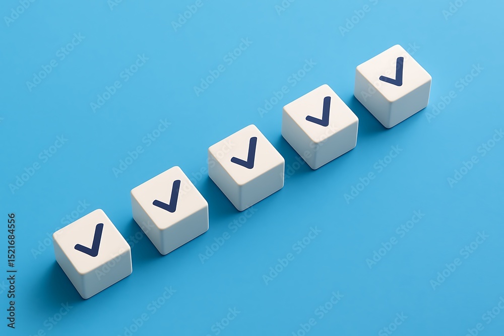 Obraz premium Five White Cubes with Checkmarks in a Row on a Blue Background Symbolizing Agreement, Success, and Task Completion with Soft Lighting and Room for Text and Content.