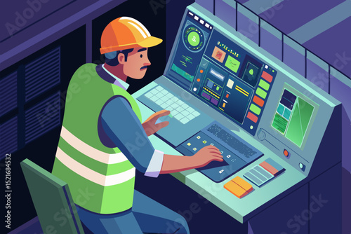 Industrial Worker Operating Control Panel worker safety vest and hard hat monitors complex control panel with multiple displays and controls industrial worker control panel operator