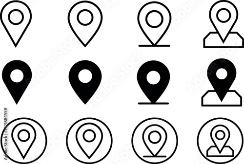 Comprehensive set of black and white location pins, user markers, and geolocation symbols for navigation, maps, and app interface usage