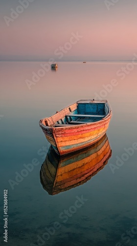 Sunrise Over Still Waters With a Colorful Boat Gently Floating.