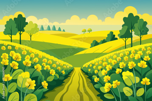 Springtime Landscape with Yellow Flowers and Rolling Hills vibrant illustration countryside scene hills path field yellow flowers landscape nature spring summer hills flowers yellow green