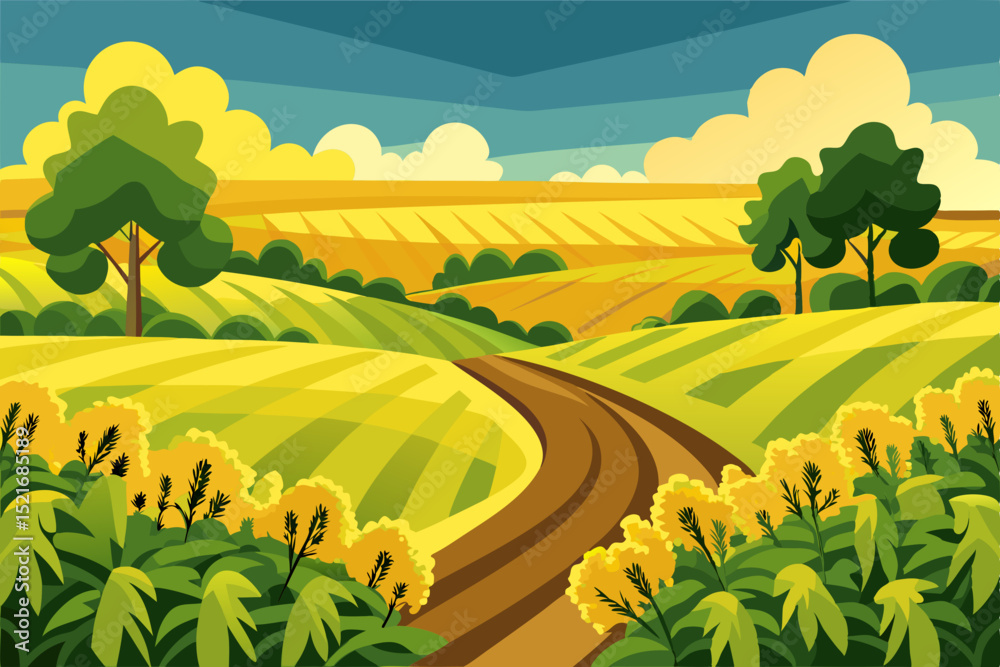 Obraz premium Summertime Countryside Landscape with Golden Fields vibrant illustration rural landscape rolling hills golden fields and winding dirt road countryside landscape illustration fields hills road nature