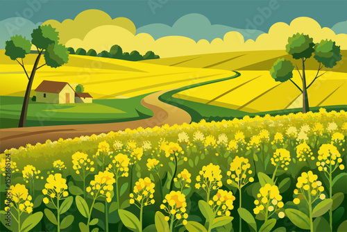 Rural Landscape with Mustard Fields and Winding Road Vibrant illustration countryside scene yellow mustard fields winding road small farmhouse rural landscape countryside mustard fields yellow