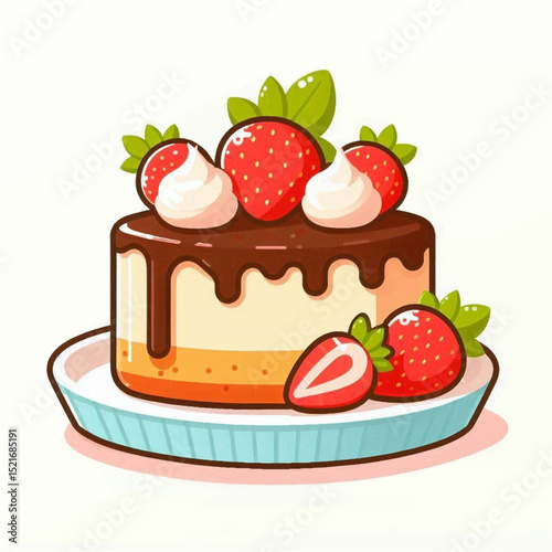 Cartoon cake strawberry topping chocolate drizzle plate bright colors