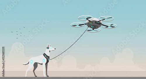 Illustration of Robotic Dog on Leash Attached to Drone