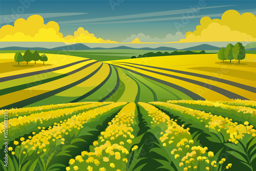 A Colorful Field of Yellow Flowers in a Scenic Landscape vibrant illustration rolling landscape with tiered fields yellow flowers and green vegetation serene rural scene