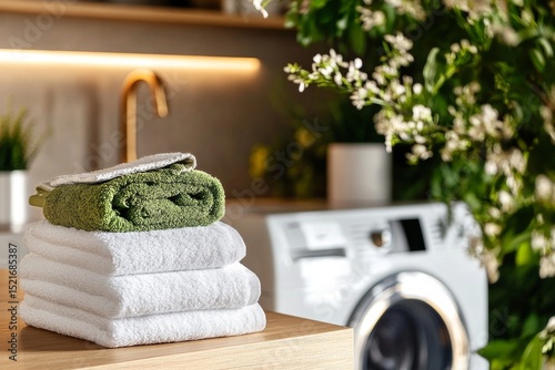 Fresh Towels and Clean Laundry in a Modern Bathroom With Plants and Essentials.