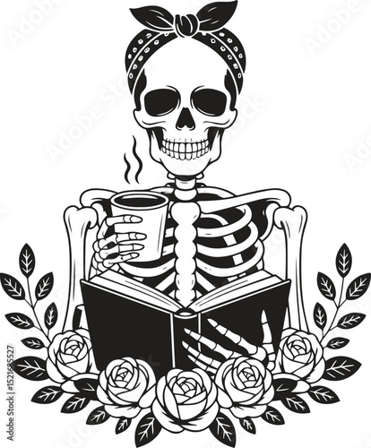 Skeleton Reading Book and Drinking Coffee with Roses
