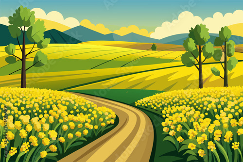 Colorful Cartoon Illustration of a Sunny Farmland Landscape vibrant cartoon depiction rolling hills with yellow fields and green crops dotted with trees and wildflowers farmland