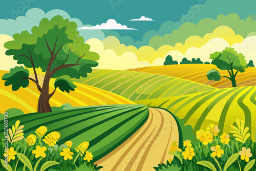 Vibrant Summer Landscape of Rolling Hills and Fields Colorful illustration rural landscape with rolling hills fields crops path trees rural landscape rolling hills farmland fields