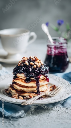 Fluffy Pancakes Topped With Berry Jam and Nuts, Served With Tea in a Cozy Set...