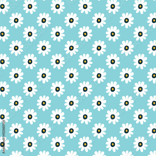 Cute floral seamless pattern. Repeated small  white flowers on blue  background. 