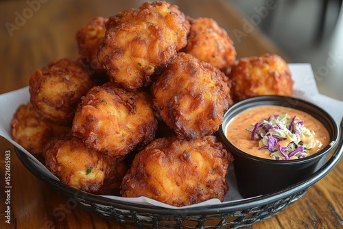Crispy conch fritters served with creamy sauce and shredded cabbage on the side. Showcase Caribbean cuisine and highlight delicious appetizers for your project.