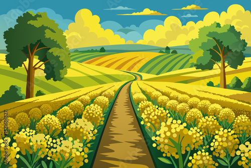 Summertime Countryside Path Through Yellow Fields picturesque illustration winding path through vibrant yellow fields with rolling hills and green trees the background countryside fields path