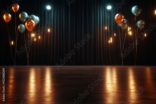 Festive Stage Decorated With Lights and Balloons Ready for a Vibrant Event in...