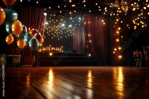 Festive Stage Decorated With Lights and Balloons Ready for a Vibrant Event in...
