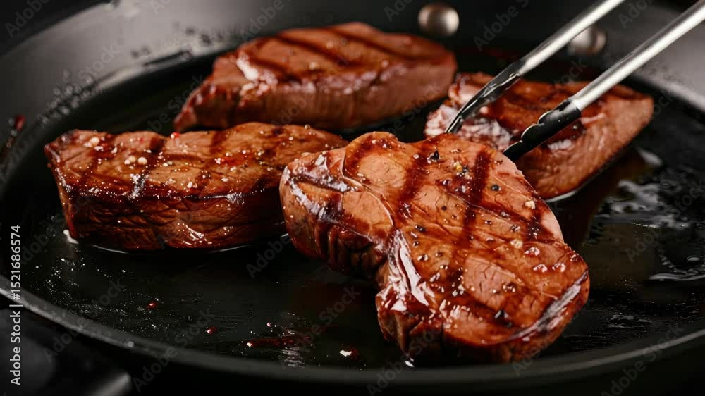 Four juicy steaks sizzle in a heated pan, displaying beautiful grill marks and soaking up rich juices for ultimate flavor
