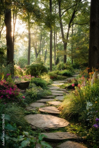 Winding Stone Path Through Vibrant Garden at Golden Hour in a Natural Setting.