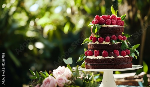 Elegant Three-Tiered Chocolate Cake Decorated With Fresh Raspberries and Leav...