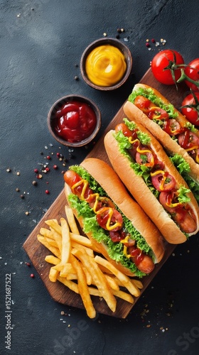 Delicious Hot Dogs With Fresh Toppings and Crispy Fries on Dark Surface