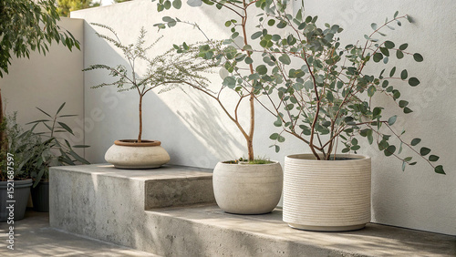 Indoor potted plants, including elegant bonsai and leafy green plants in decorative vases, enhance home interior design and natural room decoration