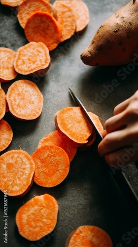 Slicing Fresh Sweet Potatoes for a Delicious Meal Preparation in a Cozy Kitch...