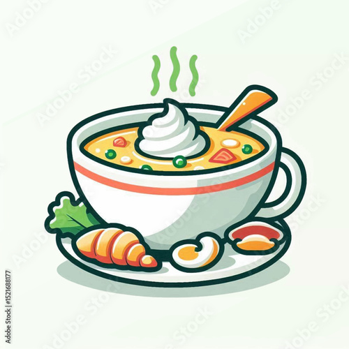 Cartoon soup bowl with cream on a plate with bread and lettuce steaming