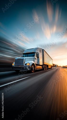 Long Haul Truck Driving Along a Highway at Sunset With Reflections on the Tra...