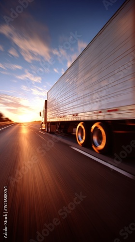 Truck Traveling on Highway at Sunset With Blurred Motion Effect and Vibrant Sky