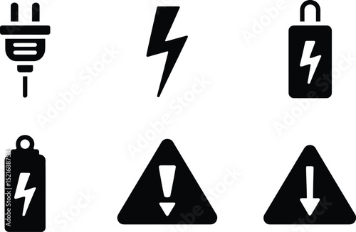 A collection of electrical and warning symbols including a plug lightning and warning triangles icons set up well