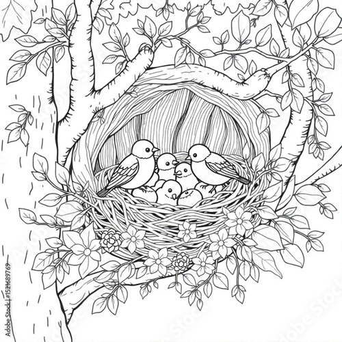 A detailed line drawing of a bird's nest with parent birds and chicks in a tree with leaves and flowers created with generated ai
