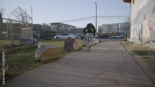 Boy rides scooter on a paved road towards a school, passing a graffitied wall.