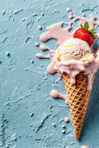 Waffle Cone with Vanilla Ice Cream and Strawberry on Blue Background
