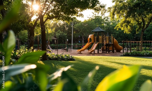 Children Playing on a Colorful Playground During Sunset in a Lush Green Park