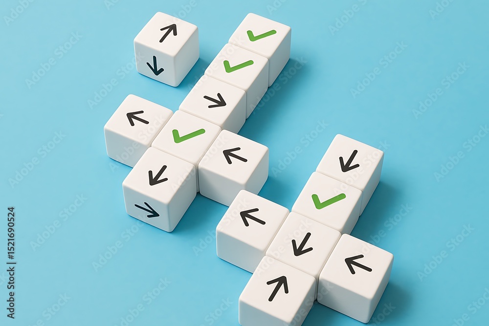 Obraz premium Conceptual Pathfinding: Dice with Arrows and Checkmarks Illustrating Directions, Navigation, and Validation on a Light Blue Background, Representing Progress and Problem-Solving