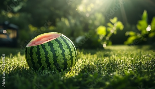 Freshly Sliced Watermelon Rests on Green Grass in a Sunny Garden